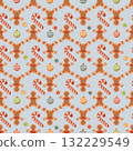 Christmas-themed pattern featuring gingerbread cookies, candy canes, and ornaments in seamless design 132229549
