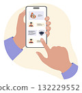 Hands holding smartphone with app displaying online chat interface, potential for background 132229552