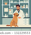 Veterinarian with dog in clinic setting, surrounded by medical equipment in background 132229553