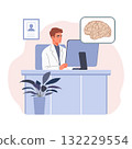 Doctor researching brain anatomy on computer, seated at desk in office setting 132229554