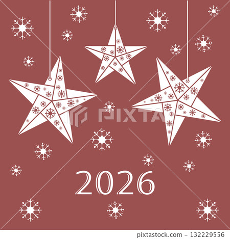 Christmas stars and snowflakes on red background with 2026 text for holiday celebration 132229556