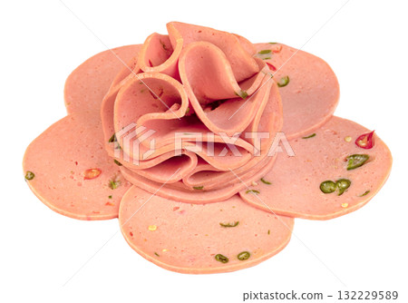 Close-up of thin slices of spiced bologna sausage, also known as luncheon meat, arranged decoratively on a white background. The pinkish-red meat contains visible green chili and red pepper pieces. Close-up of thin slices of spiced bologna sausage, also known as luncheon meat, arranged decoratively on a white background. The pinkish-red meat contains visible green chili and red pepper pieces. 132229589