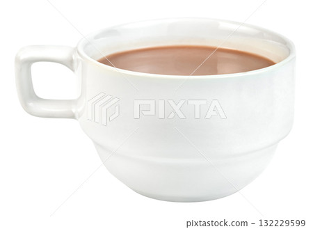 A white ceramic mug filled with a hot beverage, likely coffee, tea, or hot chocolate, Studio shot for food drink concepts, perfect for menus or ads. A white ceramic mug filled with a hot beverage, likely coffee, tea, or hot chocolate, Studio shot for food drink concepts, perfect for menus or ads. 132229599