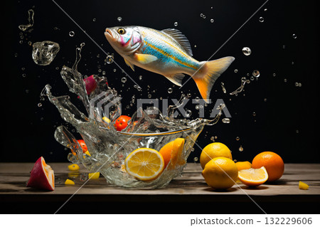 a goldfish jumps over berries and fruits with splashes of water on a dark background, delicious and beautiful food 132229606