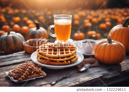 still life of a cup of hot latte and waffers and pumpkins on an old wooden table against the background of beautiful autumn nature at sunset, decoration for Halloween 132229611