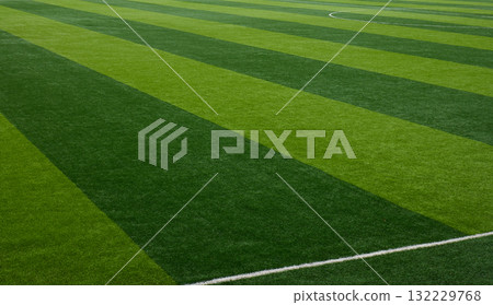 Bright green soccer field showing distinct turf patterns 132229768