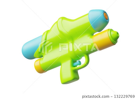 Water gun with refill water reservoir 3D cartoon plastic style, vector green game pump blaster kids, spraying weapon toy Water gun with refill water reservoir 3D cartoon plastic style, vector green game pump blaster kids, spraying weapon toy 132229769