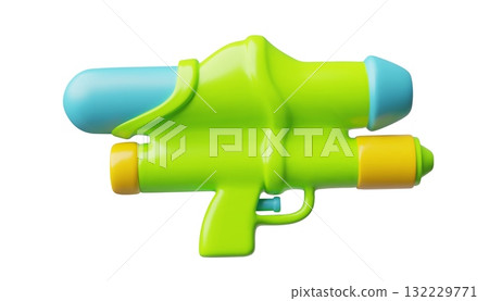 Water gun with refill water reservoir 3D cartoon vector, colorful game blaster kids spraying green weapon toy side view 132229771