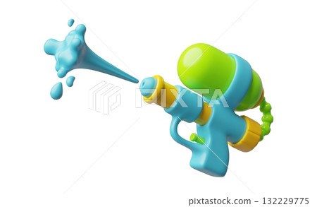 Water gun with refill water reservoir splashes 3D cartoon plastic style vector, colorful kids game spraying weapon toy 132229775