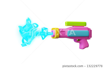 Handgun, rifle with smoke shooting 3D cartoon plastic style, vector game weapon blaster toy haze stream, magic firearm 132229778