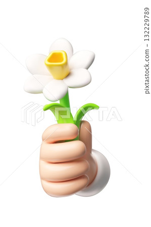 Realistic daffodil flower in hand 3D plastic style, vector cartoon beautiful spring blossom daisy plant with leaves gift Realistic daffodil flower in hand 3D plastic style, vector cartoon beautiful spring blossom daisy plant with leaves gift 132229789