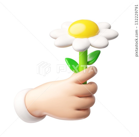Realistic chamomile flower in hand 3D plastic style, vector cartoon beautiful summer blossom daisy plant gift presenting Realistic chamomile flower in hand 3D plastic style, vector cartoon beautiful summer blossom daisy plant gift presenting 132229791