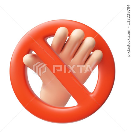Prohibition sign 3D vector icon, crossed out hand raised gesture in red circle, access denial or stop signals, forbidden 132229794