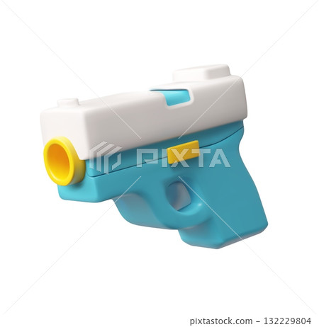 Handgun 3D cartoon plastic style, game weapon blaster toy, vector render firearm blue design, kids revolver gun Handgun 3D cartoon plastic style, game weapon blaster toy, vector render firearm blue design, kids revolver gun 132229804