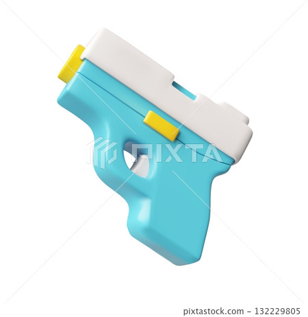 Handgun 3D cartoon plastic style, game weapon blaster toy, vector render yellow blue design firearm, kids revolver gun 132229805