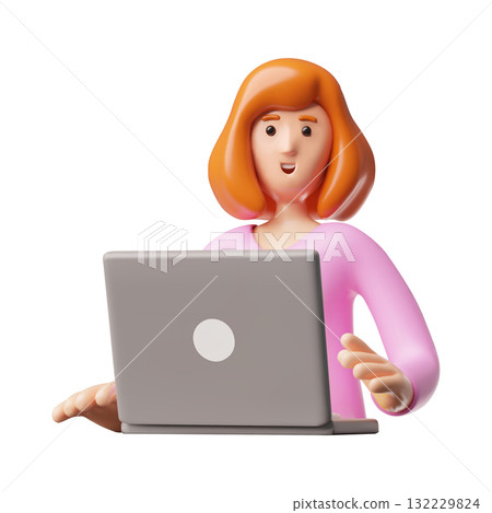 Businesswoman works on a laptop, vector 3D cartoon female in pink blouse, manager office employee on workplace 132229824
