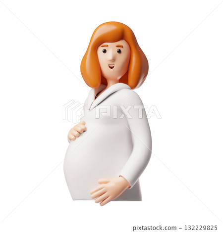 Beautiful pregnant woman with red hair, 3D vector character in white blouse holds her big belly with hands half body Beautiful pregnant woman with red hair, 3D vector character in white blouse holds her big belly with hands half body 132229825
