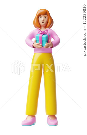 Woman holding gift box with bow vector 3D character full height, holiday surprise, birthday celebration, present excited 132229830