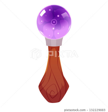 Magic wand wooden stick with crystal ball, vector cartoon wizard rod, witch scepter with glowing gem, game fantasy torch 132229883