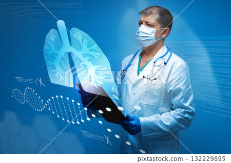 Medical professional examines lung health with digital technology in healthcare setting 132229895