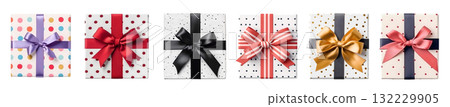Gift present box with bow ribbon, polka dot circle collection on transparent background cutout. PNG file. Many assorted different design. Mockup template for artwork 132229905