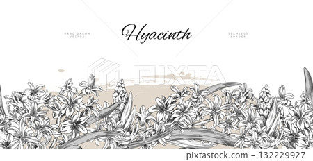 Hyacinth flowers engraved sketch vector seamless border design. Hand drawn spring blossom plant, blooming bouquet. Vintage ink style illustration on watercolor stain and lettering 132229927