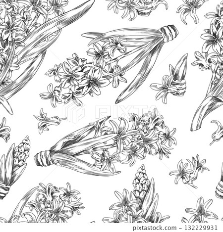 Hyacinth flower with leaves engraved sketch vector seamless pattern design, hand drawn spring blossom plant ink style 132229931