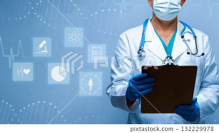 Health professional in clinic with clipboard and medical icons in background 132229978