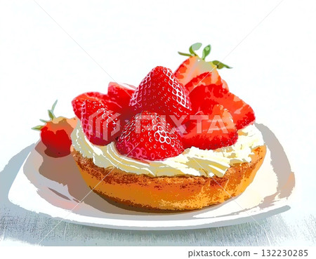 一張蛋糕照片,上面有醒目的白色奶油和草莓。插畫風格。 一張蛋糕照片,上面有醒目的白色奶油和草莓。插畫風格。 132230285