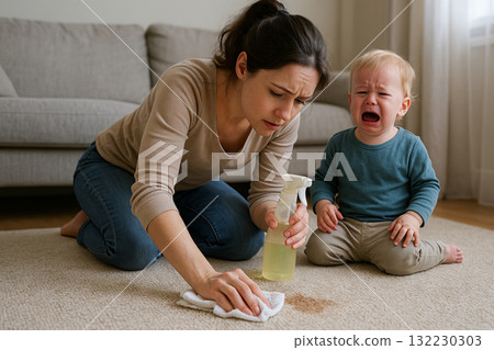 Young caucasian mother addressing parenting challenges indoors with crying child. concept of parenthood, household cleaning, emotional moments 132230303