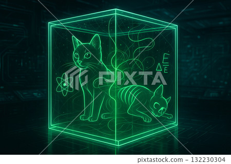 Illustration of Schrodinger's cat inside a cube with quantum elements and green neon glow. concept of quantum mechanics, thought experiment, physics paradox 132230304