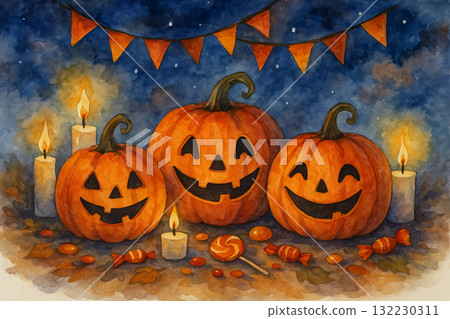 Watercolor pumpkin night glow with jack-o-lanterns and candles under starry sky. concept of halloween, festive decoration, autumn celebration Watercolor pumpkin night glow with jack-o-lanterns and candles under starry sky. concept of halloween, festive decoration, autumn celebration 132230311