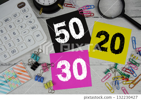 50 30 20 Budget Rule , 50% Needs 30% Wants 20% Savings text phrase of business and financial concept 132230427