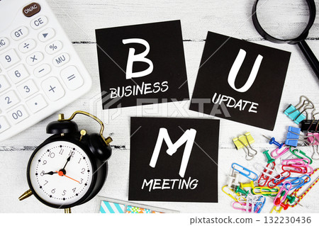 BUM Abbreviation of Business Update Meeting text phrase of business and financial concept 132230436