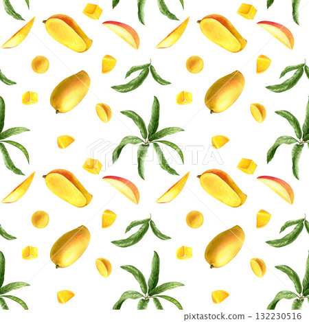 Tropical mango fruit pattern. Hand-drawn watercolor illustration. 132230516