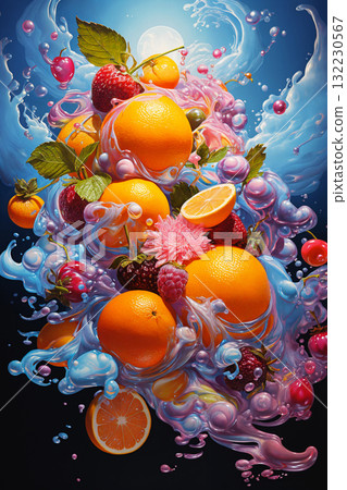 fruits with water splashes, on color background, fresh and healthy food 132230567