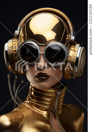 woman dressed in gold and wearing headphones, pop art bright colors, azure and amber, lens flares woman dressed in gold and wearing headphones, pop art bright colors, azure and amber, lens flares 132230589