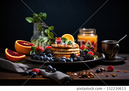 still life of fresh fruits and pancakes on a dark background, with raspberries, strawberries, currants and juice 132230613