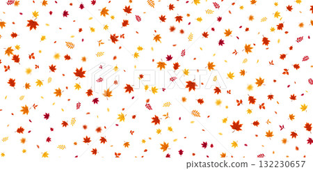 Autumn flying and falling leaves background with colorful seasonal foliage in red, orange, and yellow. Perfect for nature themes, seasonal sales, posters. Vector illustration 132230657