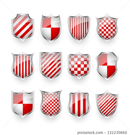 Glossy shields with red and black white. Security and protection concept. Cyber safety icons, internet privacy, web defense, digital data protection and antivirus themes. Vector illustration 132230668