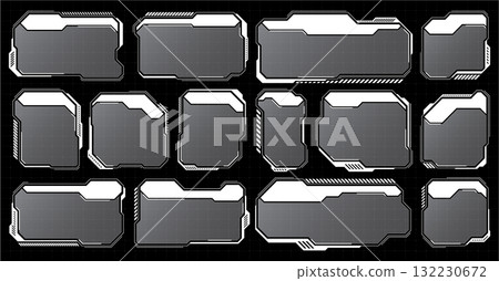 White futuristic HUD, UI elements. Sci-fi user interface text boxes, callouts. Warning message frames, information boxes template. Modern game interface layout in digital style. Vector illustration 132230672