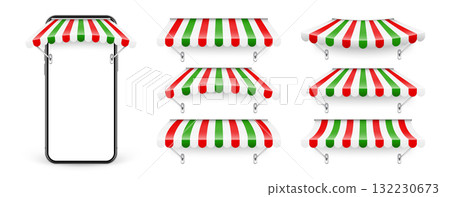Smartphone with shop sunshade, metal mount, online internet shopping. Realistic striped cafe awning. Outdoor market tent. Roof canopy in Italian flag colors. Summer street store. Vector illustration 132230673