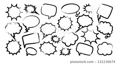 Grunge comic speech bubbles with brush strokes, ink smudges, acrylic stains or charcoal streaks. Hand drawn retro cartoon stickers. Chatting, message box. Vector illustration 132230674