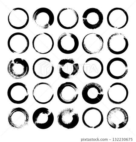 Grunge circles, brush strokes, lines, ink smudges, hand-drawn scribble shapes. Handmade sketchy marks, acrylic stains, charcoal streaks. Paint textures, dry brush effect. Vector illustration 132230675
