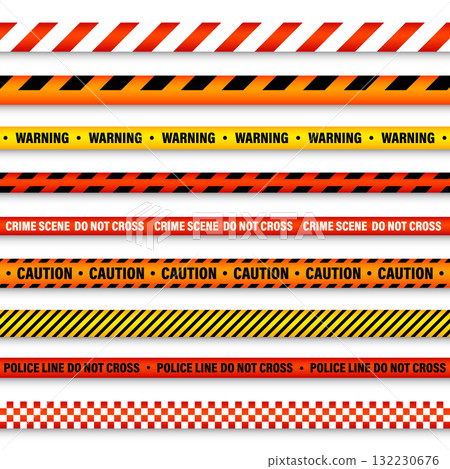 Barricade construction tape. Colorful police warning line, brightly colored danger or hazard stripe, ribbon. Restricted area, zone. Attention symbol. Vector illustration 132230676