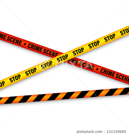 Barricade construction tape. Colorful police warning line, brightly colored danger or hazard stripe, ribbon. Restricted area, zone. Attention symbol. Vector illustration 132230680