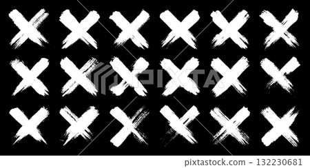 Grunge crosses, brush strokes, x mark, lines, ink smudges, hand-drawn scribble shapes. Handmade sketchy marks, acrylic stains, charcoal streaks. Paint textures, dry brush effect. Vector illustration 132230681
