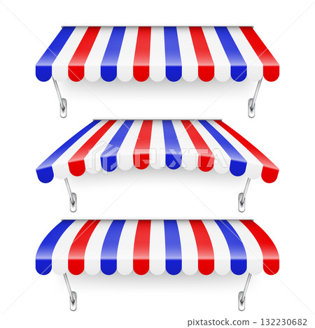 Shop sunshade with metal holder. Realistic striped cafe awning. Outdoor market tent. Roof canopy in French flag colors. Summer street store. Vector illustration Shop sunshade with metal holder. Realistic striped cafe awning. Outdoor market tent. Roof canopy in French flag colors. Summer street store. Vector illustration 132230682