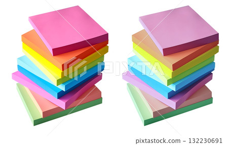 Stack of colourful of sticky post-it note paper . Many assorted different colours isolated on transparent background cutout. PNG file 132230691