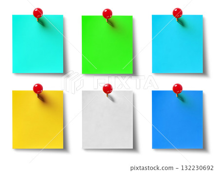 Shaded red pin sticky post-it note paper with shadow . Many assorted different colours isolated on transparent background cutout. PNG file 132230692
